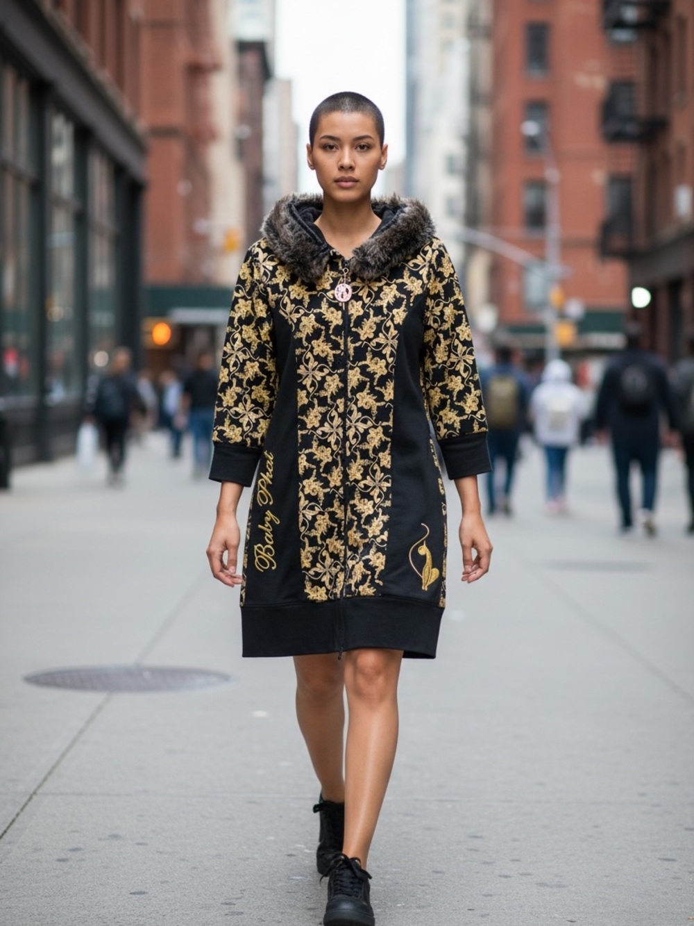 Vintage Y2K Baby Phat Black Gold Baroque Faux-Fur Hooded zip coat/jacket/dress